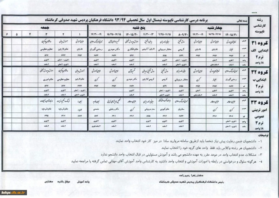 برنامه درسی کارشناسی ناپیوسته نیمسال اول 94-93