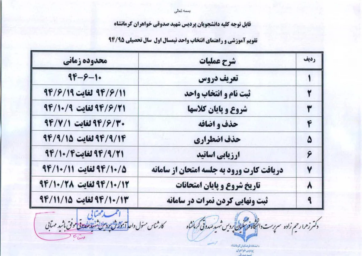 قابل توجه کلیه دانشجویان پردیس شهید صدوقی کرمانشاه 
برنامه ریزی دروس و انتخاب واحد نیمسال اول  94-95  2