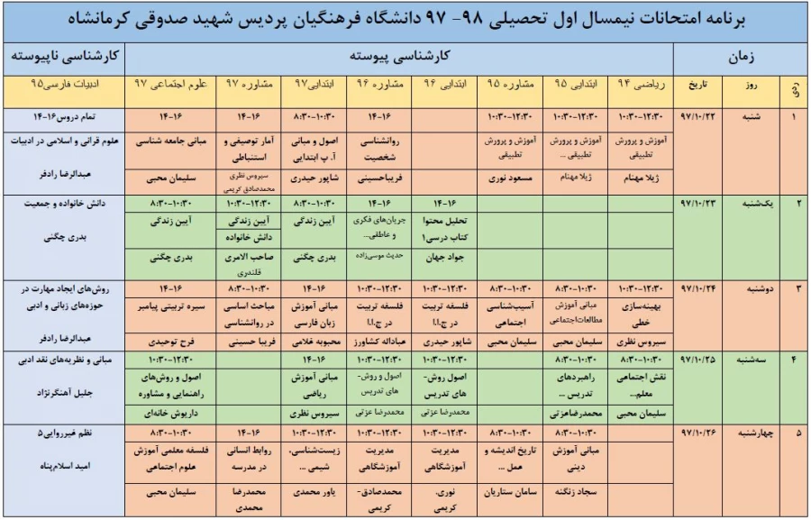 برنامه امتحانات پایان ترم 3