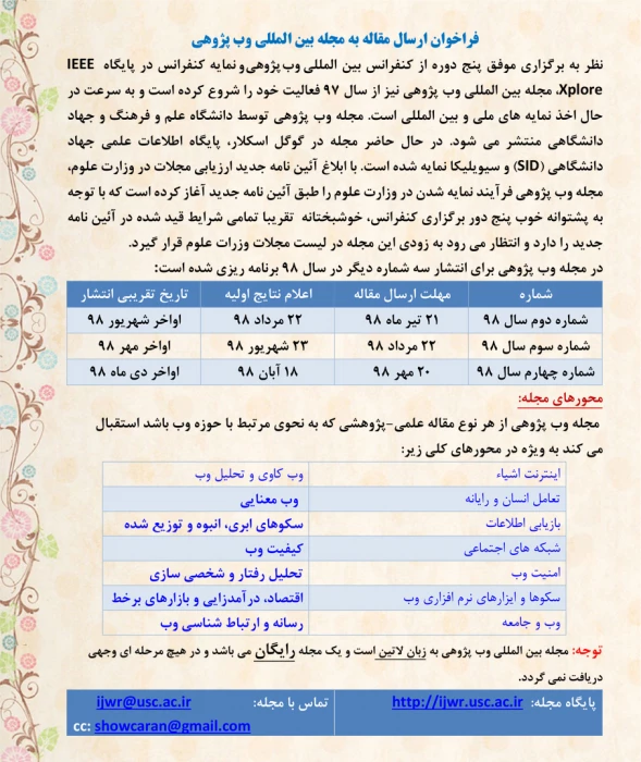 فراخوان ارسال  مقاله به مجله بین المللی وب پژوهی