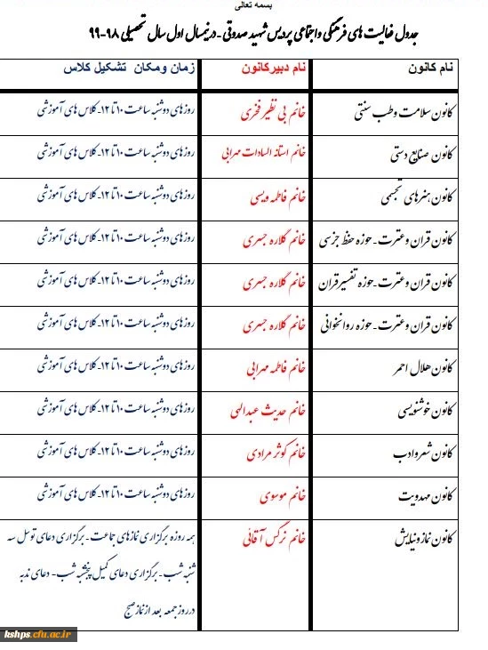 برنامه  فعالیتهای فرهنگی هنری پردیس در نیمسال اول سال جاری تحصیلی 2