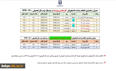 جدول زمانبندی انتخاب واحد دانشجویان کارشناسی پیوسته در نیم سال دوم 
